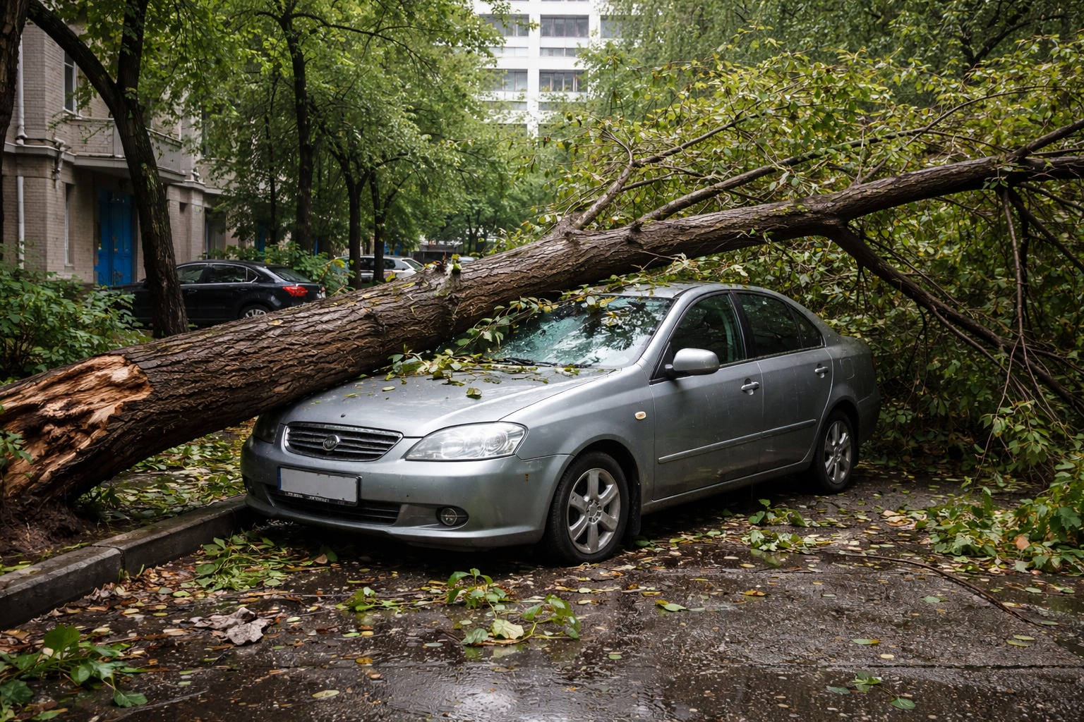 В Алматы на припаркованное авто упало дерево
