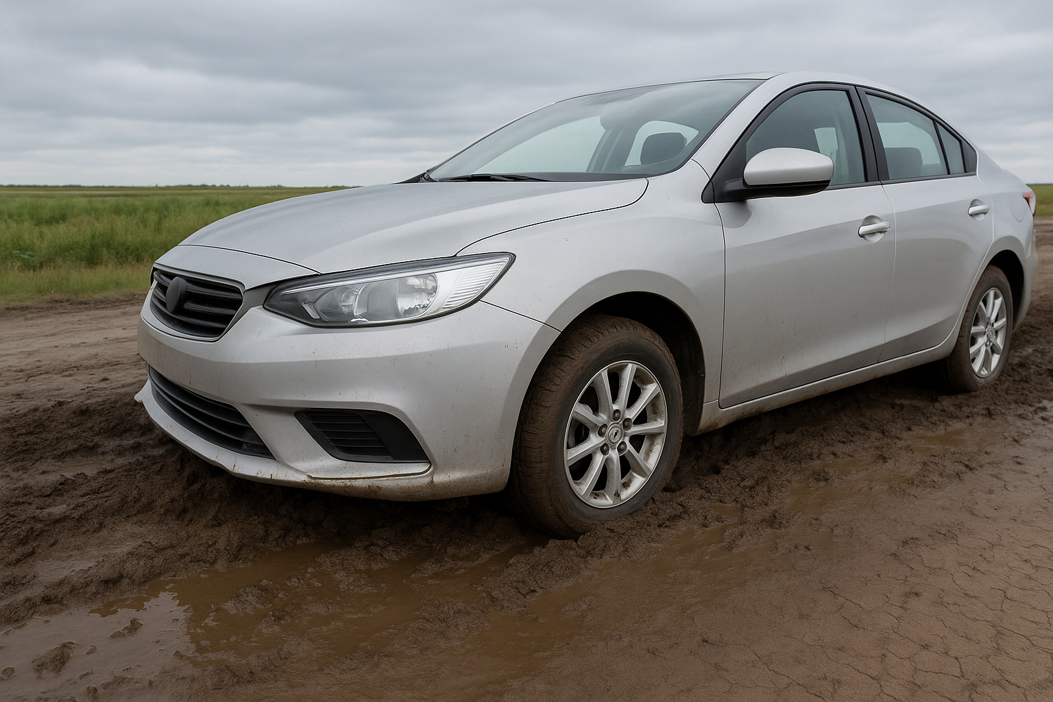 В Костанайской области автомобиль с пассажирами застрял в грязи