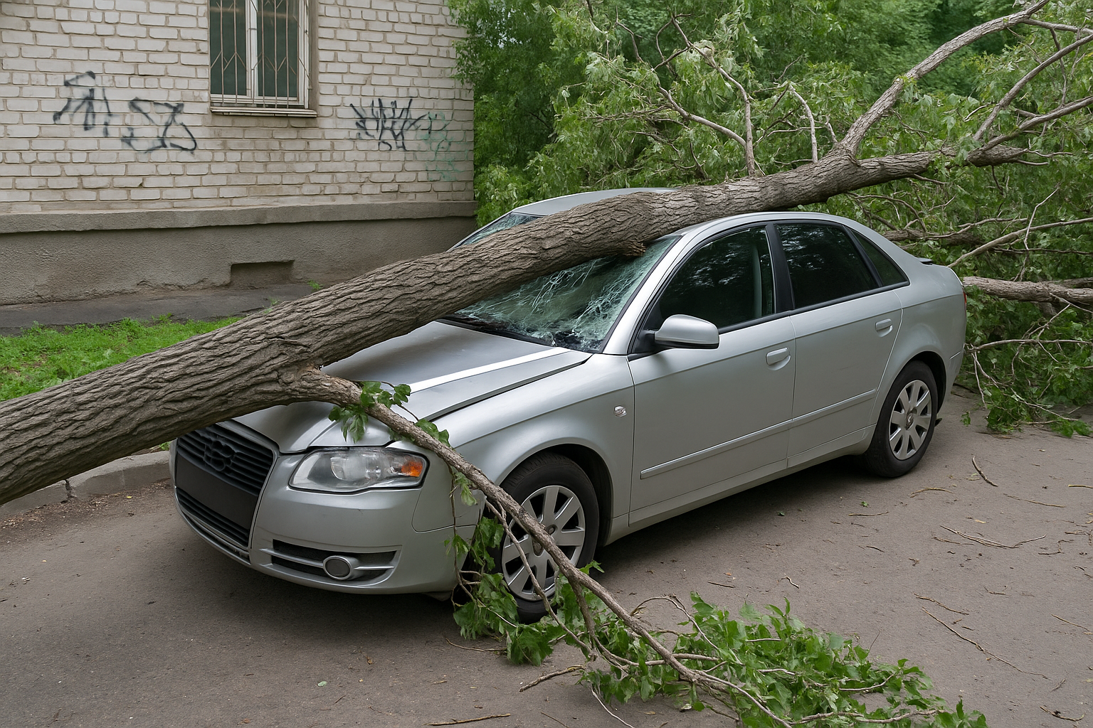 В Усть-Каменогорске упавшее дерево полностью уничтожило автомобиль