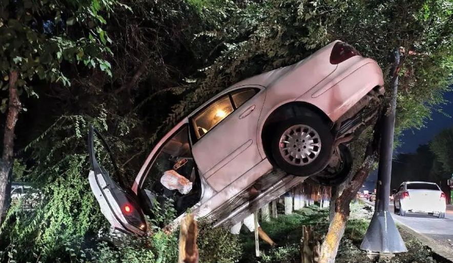 В Алматы после ДТП легковая машина застряла между деревом и столбом