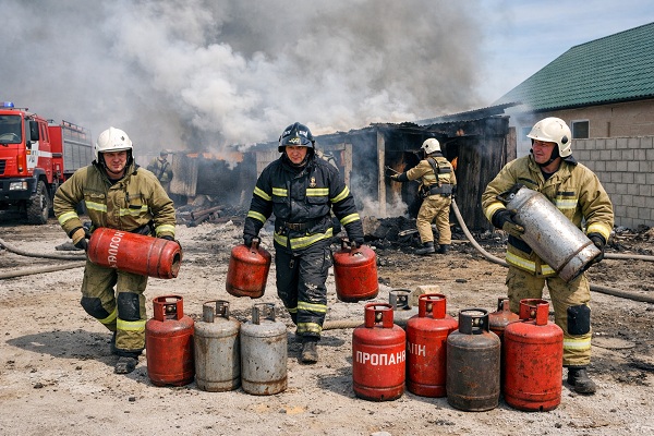 В Актобе пожарные вынесли 10 газовых баллонов из горящей постройки