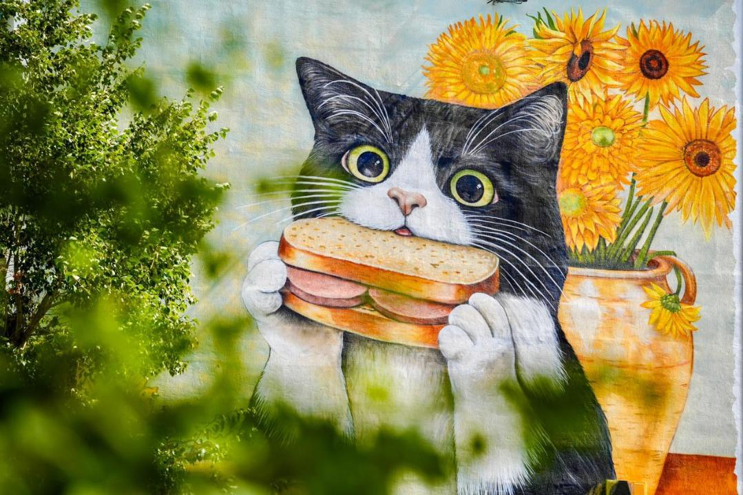 Огромного кота с бутербродом изобразили на мурале в Астане